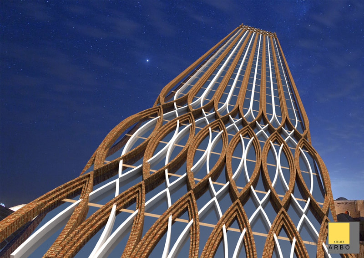 Yemen, residential tower, historic cityscape, modern design, traditional architecture, steel frame structure, high-rise, architectural style, sustainable design, ornate windows, urban development.

