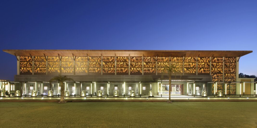 1_Grand Chetak Banquet Hall_ A Fusion of Elegance and Functionality Grand Chetak, banquet hall, Ace Associates Architects, 1,20,000 sq ft, aesthetics, technology, research and development, architecture, versatile venue, sculptures, metal roofing, metal girders, vertical space, perforated metal screen, WPC sheets, functionality,