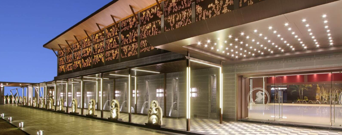 Grand Chetak, banquet hall, Ace Associates Architects, 1,20,000 sq ft, aesthetics, technology, research and development, architecture, versatile venue, sculptures, metal roofing, metal girders, vertical space, perforated metal screen, WPC sheets, functionality,