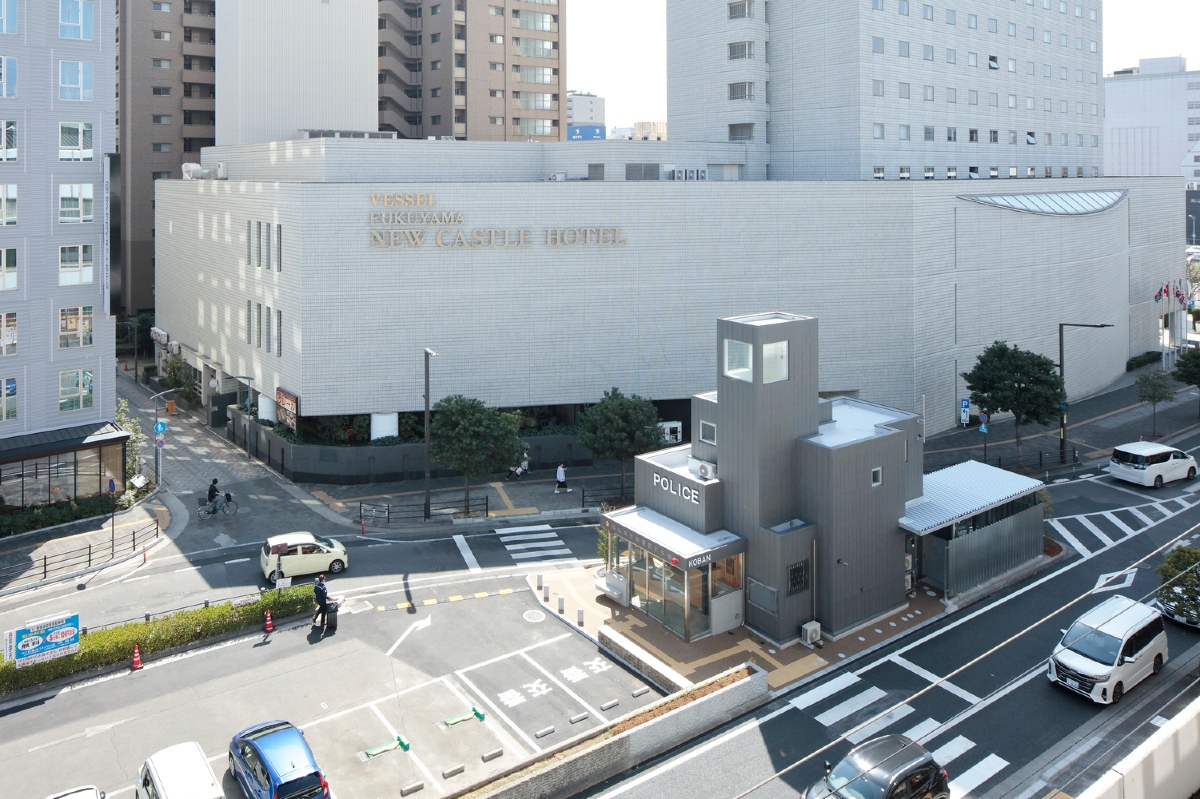 Fukuyama Higashi Police Station, Japan, Ekimae KOBAN, community accessibility, Tomo no ura, titanium zinc steel panels, steel industry, revitalization, safety, security, steel frame, corrosion-resistant,
