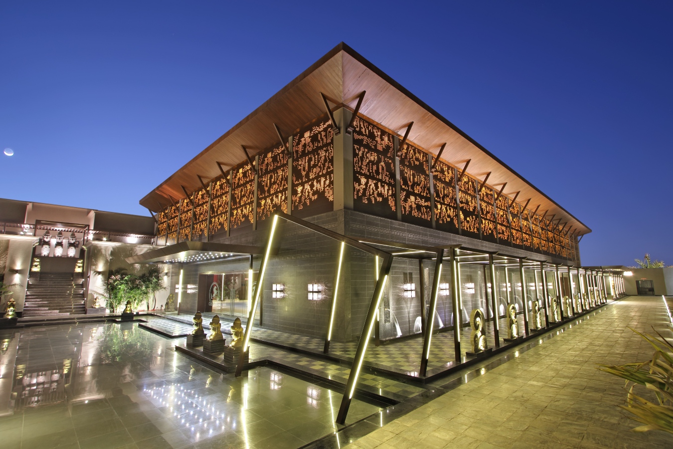 Grand Chetak, banquet hall, Ace Associates Architects, 1,20,000 sq ft, aesthetics, technology, research and development, architecture, versatile venue, sculptures, metal roofing, metal girders, vertical space, perforated metal screen, WPC sheets, functionality,