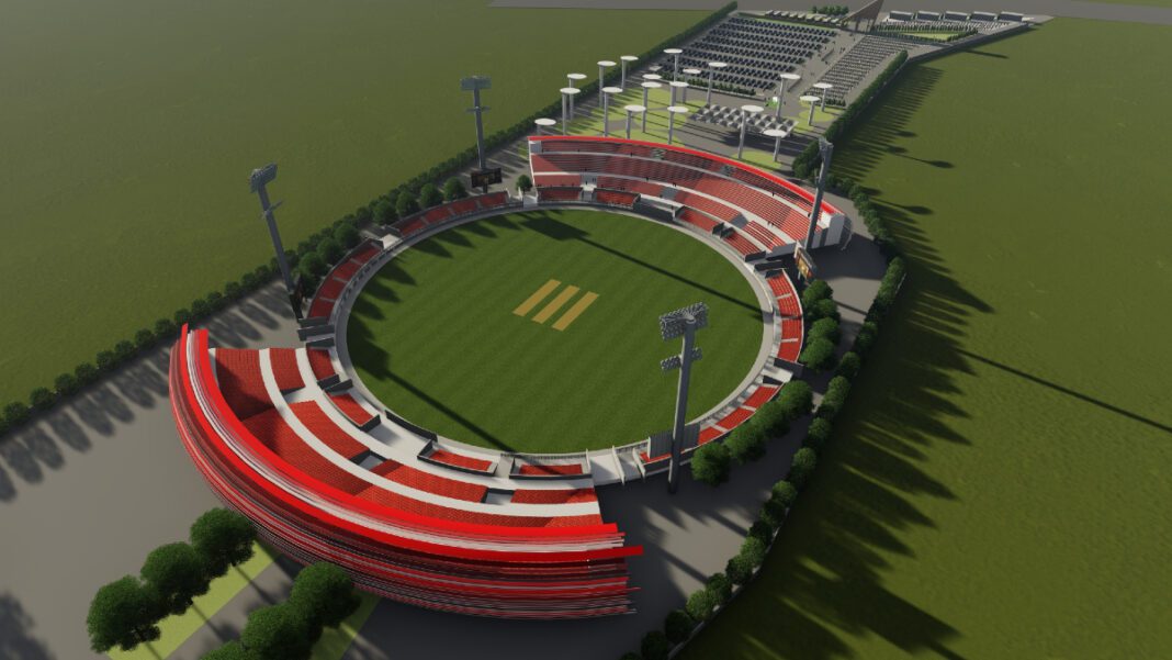 1_Nashik’s Cricket Stadium_ A Ball-Inspired Architectural Marvel Nashik International Cricket Stadium, Stadium Architecture, Cricket Ball Inspiration, Photovoltaic Cells, Solar Panels, Steel Trusses, Innovative Design, Pre-Cast Elements, Rainwater Collection System, Terrain Challenges, Site Zoning, Safety Measures, Earthquake-Resistant Design, Synectics Architects, Deepak Kulkarni Consultants, Multi-Zone Layout, Sustainable Design, Future Expansion
