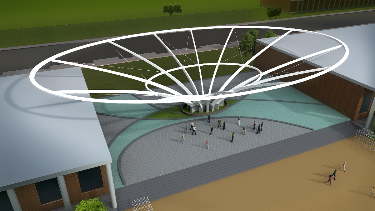 Bajaj Auto Ltd, entrance canopy, Chakan, Pune, modern architecture, sustainability, recyclable materials, tensile fabric membrane, eco-conscious construction, transparent panels, steel framework, prefabrication, scaffolding, cantilever, lightweight structure, column-free spans, FEA and CAD, Rahul Kadam, Consulting Catalysers Pvt Ltd, Across Nodes Transit Solutions Pvt Ltd, Jindal Steel & Power, APL Apollo 