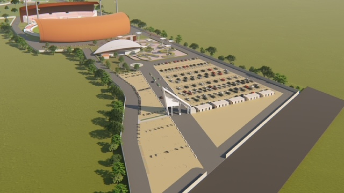 Nashik International Cricket Stadium, Stadium Architecture, Cricket Ball Inspiration, Photovoltaic Cells, Solar Panels, Steel Trusses, Innovative Design, Pre-Cast Elements, Rainwater Collection System, Terrain Challenges, Site Zoning, Safety Measures, Earthquake-Resistant Design, Synectics Architects, Deepak Kulkarni Consultants, Multi-Zone Layout, Sustainable Design, Future Expansion