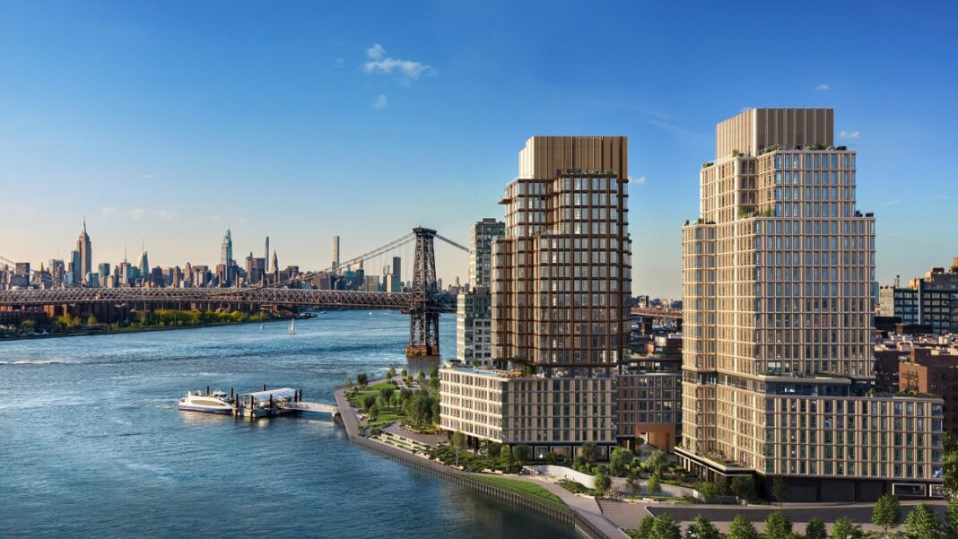 Williamsburg Wharf_ Revitalizing Brooklyn's East River Shoreline urban development, waterfront revitalization, mixed-use architecture, community hub, sustainable design, public green spaces, residential towers, commercial spaces, retail integration,
