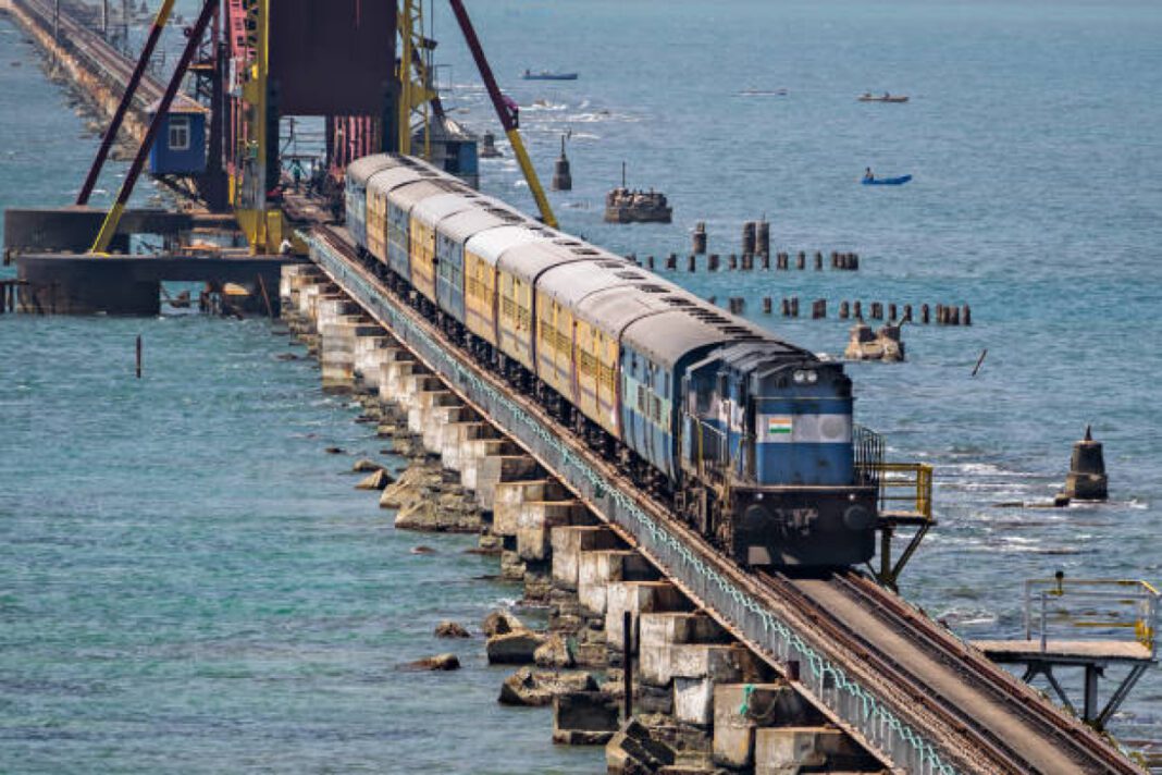 Pamban Rail Bridge Track Laid, Trial Run Successful Pamban rail bridge, track laying, trial run, Mandapam, Pamban, Rail Vikas Nigam Limited (RVNL), Southern Railway, electro-mechanical operations, bridge commissioning, connectivity, transportation efficiency