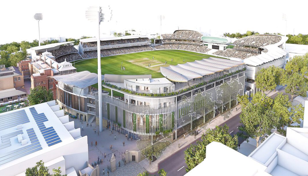 WilkinsonEyre, Lord's Cricket Ground, Tavern stand, Allen stand, redevelopment, modern features, Compton and Edrich stands, structural changes, Grade II-listed pavilion, steel framework, cricket venue