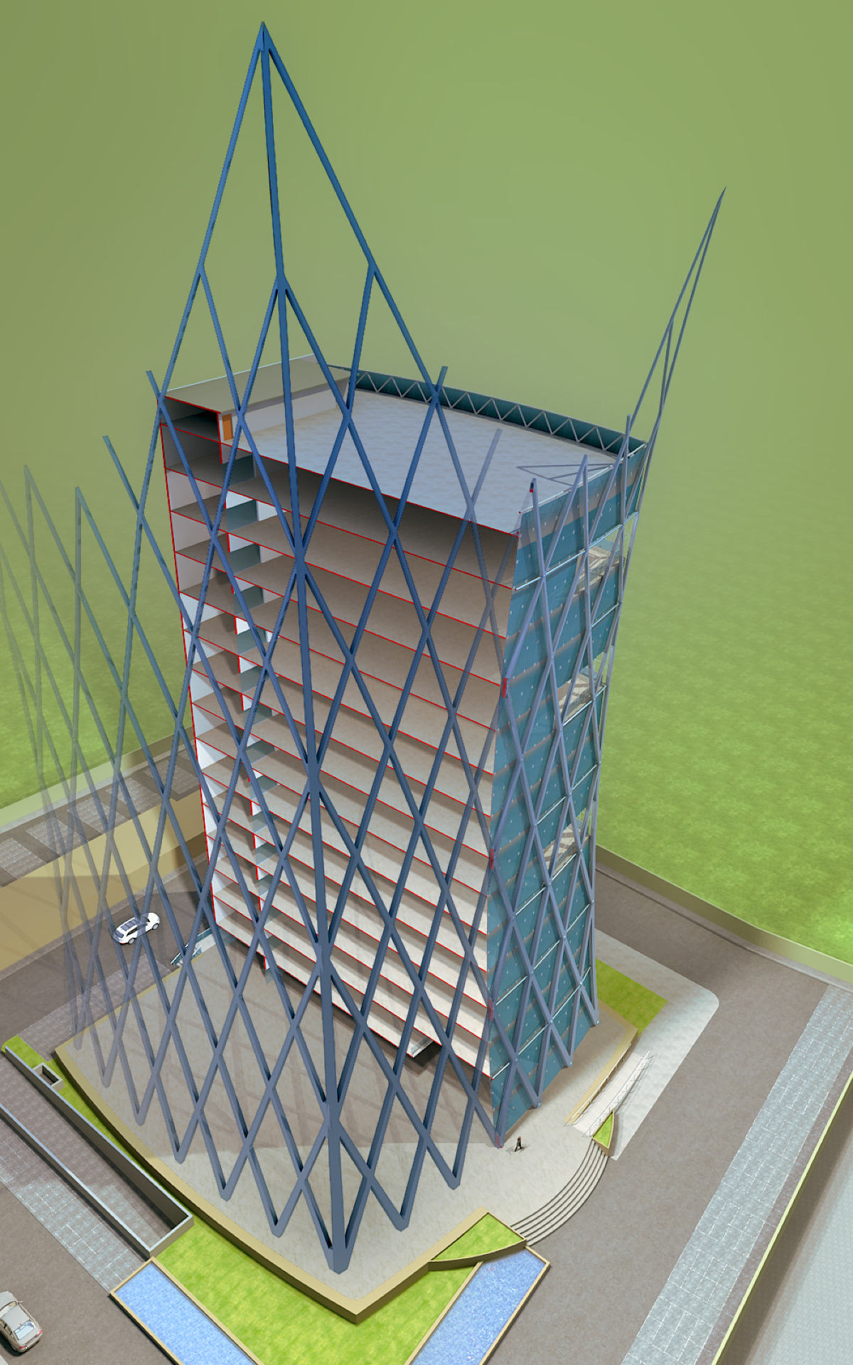 United India Insurance Headquarters, Innovative architecture, Diagrid system, Sleek silhouette, Chennai skyline, Sustainable design, Column-free floor slabs, Panoramic views, Steel structure, Minimal foundation, Steel columns, Structural stability, Prefabricated components, Construction Catalysers Pvt Ltd, JSL steel supplier, Sustainable architecture, Energy-efficient design, Structural innovation, Alloy stainless steel