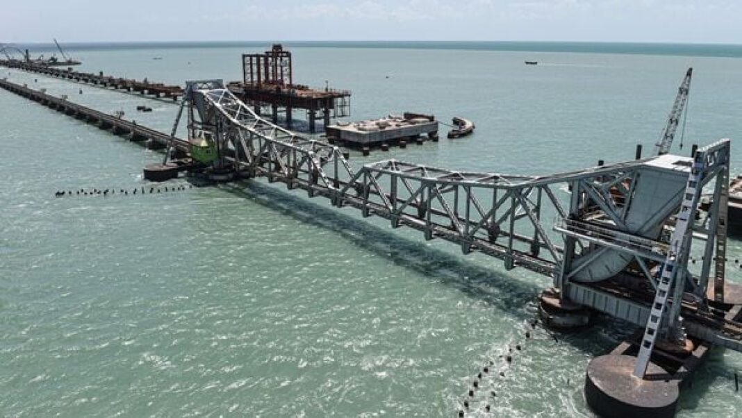Indian Railways, Pamban Bridge, commissioning, OMS engine test, infrastructure, rail network, southern India, rail connectivity, tourism, Rameswaram, freight movement, economic development.