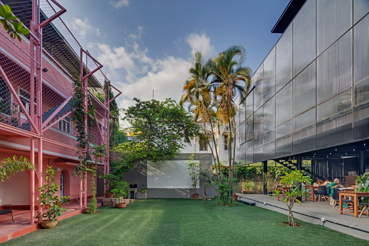 The Courtyard, Bengaluru, M9 Design Studio, steel, polycarbonate, sustainable architecture, prefabrication, light-box effect, modular design, urban landmark, event space, modern architecture, innovative design, industrial materials, natural light, steel structure, eco-friendly design.
