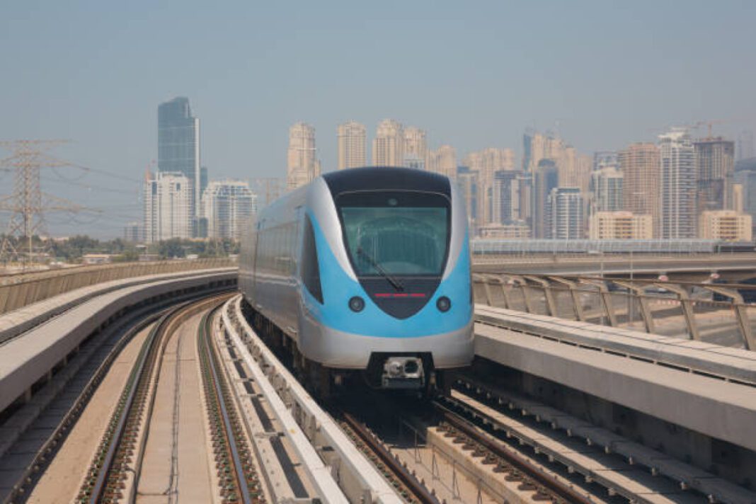 Dubai Metro Train on a railway. Bhagalpur metro rail project, RITES, Comprehensive Mobility Plan (CMP), Alternative Analysis Report (AAR), Detailed Project Report (DPR), urban infrastructure, Bhagalpur Municipal Corporation (BMC), metro project benefits