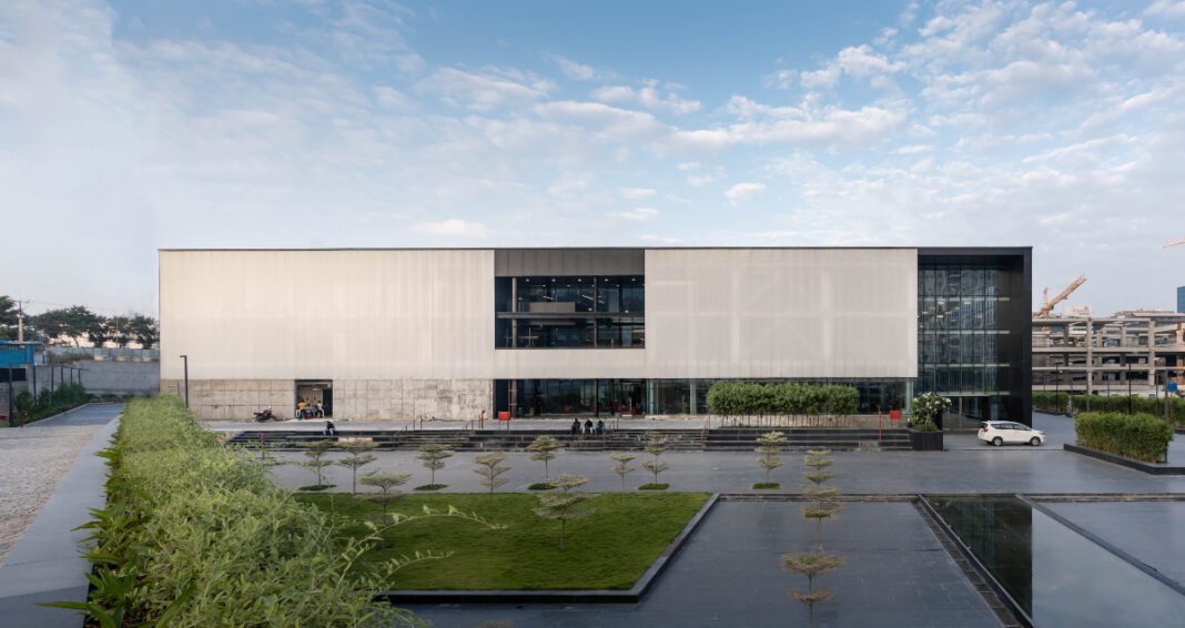 1_T-Works_ Redefining Innovation with Minimalist Design T-Works, prototyping center, Studio Chintala, innovation, minimalist design, future-ready, collaboration, adaptability, sustainable design, BIM, Hyderabad, creative space, technology, urban plaza, flexible workspace