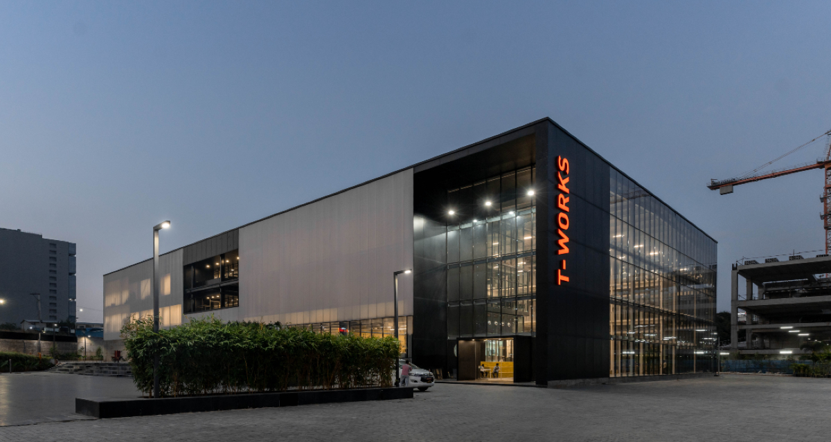 T-Works, prototyping center, Studio Chintala, innovation, minimalist design, future-ready, collaboration, adaptability, sustainable design, BIM, Hyderabad, creative space, technology, urban plaza, flexible workspace