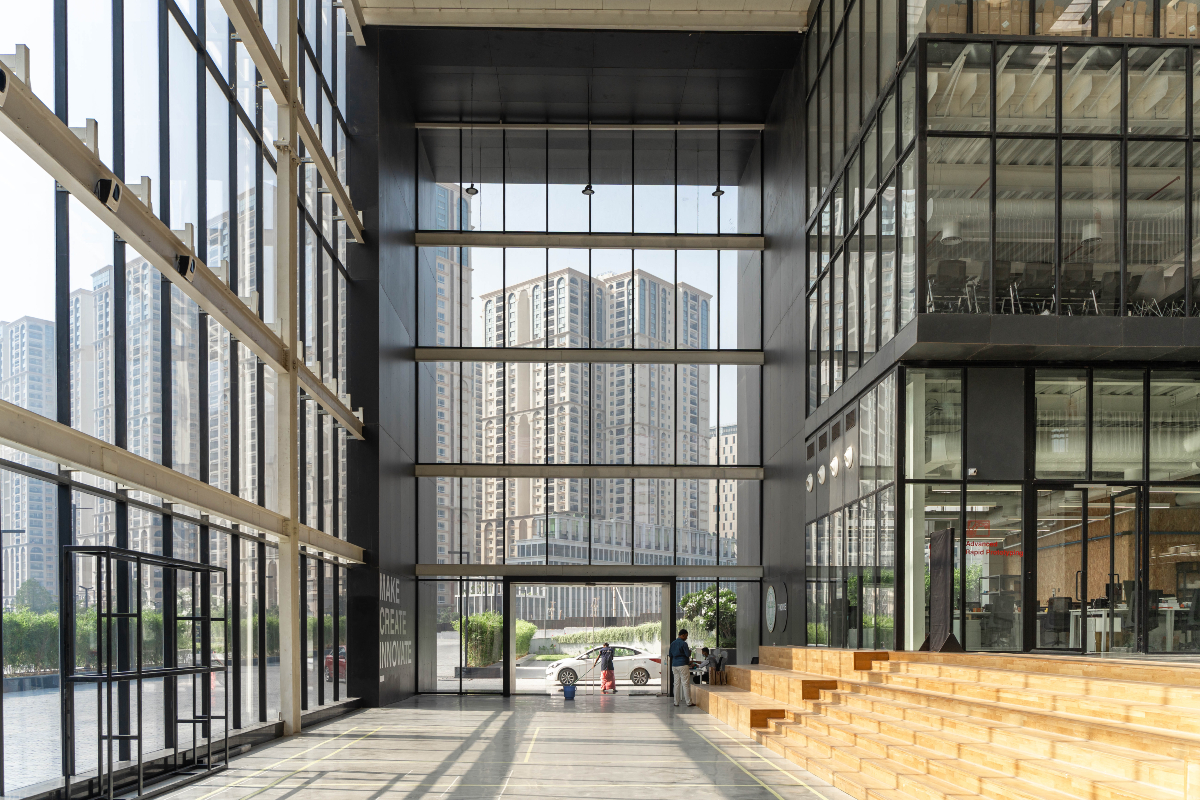 T-Works, prototyping center, Studio Chintala, innovation, minimalist design, future-ready, collaboration, adaptability, sustainable design, BIM, Hyderabad, creative space, technology, urban plaza, flexible workspace