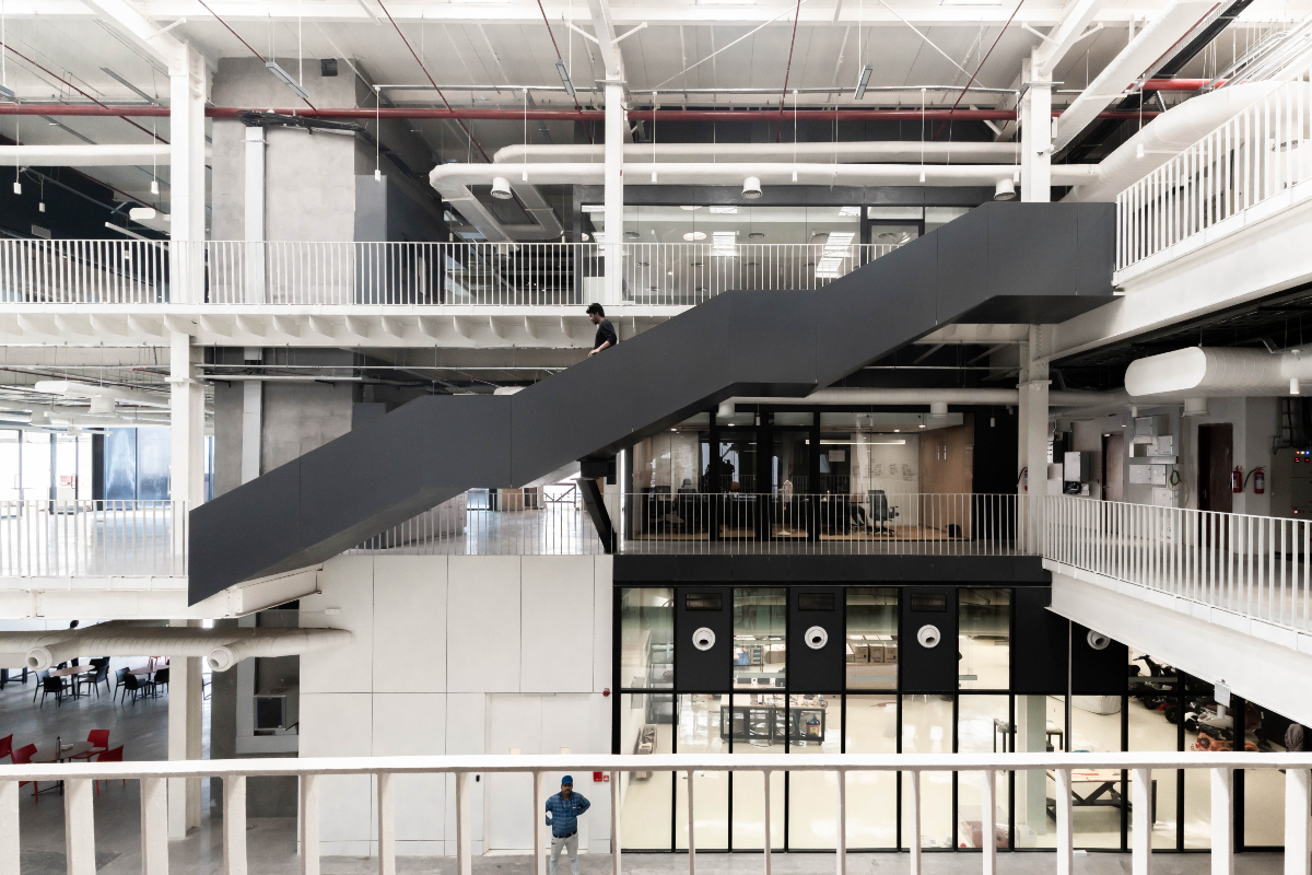 T-Works, prototyping center, Studio Chintala, innovation, minimalist design, future-ready, collaboration, adaptability, sustainable design, BIM, Hyderabad, creative space, technology, urban plaza, flexible workspace