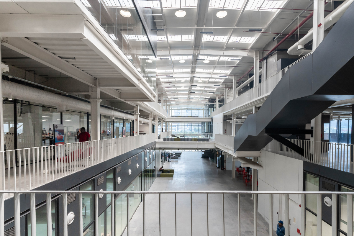 T-Works, prototyping center, Studio Chintala, innovation, minimalist design, future-ready, collaboration, adaptability, sustainable design, BIM, Hyderabad, creative space, technology, urban plaza, flexible workspace