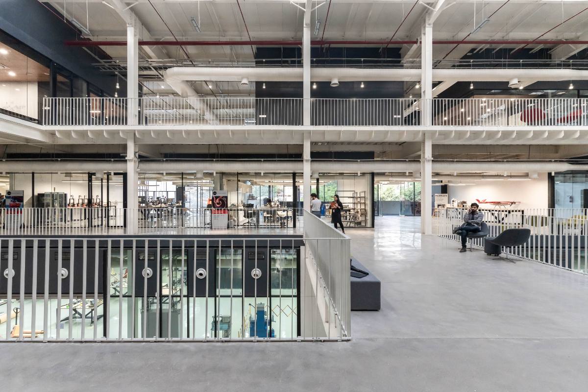 T-Works, prototyping center, Studio Chintala, innovation, minimalist design, future-ready, collaboration, adaptability, sustainable design, BIM, Hyderabad, creative space, technology, urban plaza, flexible workspace
