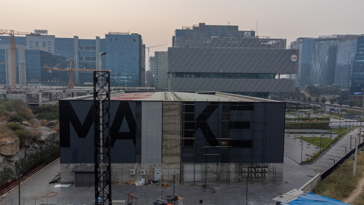 T-Works, prototyping center, Studio Chintala, innovation, minimalist design, future-ready, collaboration, adaptability, sustainable design, BIM, Hyderabad, creative space, technology, urban plaza, flexible workspace