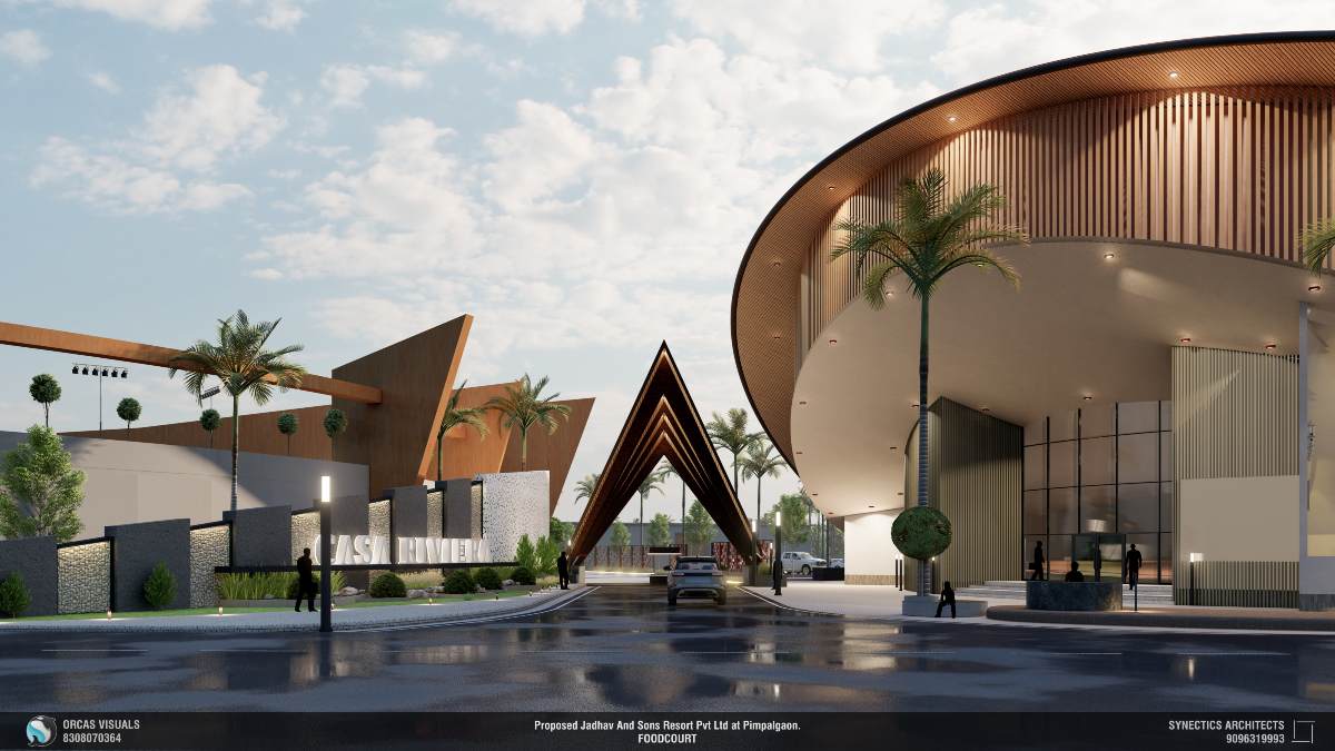 Casa Riviera, Pimpalgaon architecture, Synectics Architects, sustainable design, curvilinear architecture, modular steel construction, energy-efficient campus, louvre cladding, passive design strategies, innovative Indian architecture, community hub, steel building design, prefabricated structure, Apollo Steel, Dhananjay Pawar, modern architecture Maharashtra, multifunctional campus, smart building technology, food court design, architectural landmark