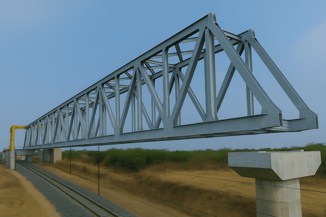 Construction crew installing a 70-meter steel bridge over railway tracks for the Mumbai-Ahmedabad bullet train near Vadodara, Gujarat