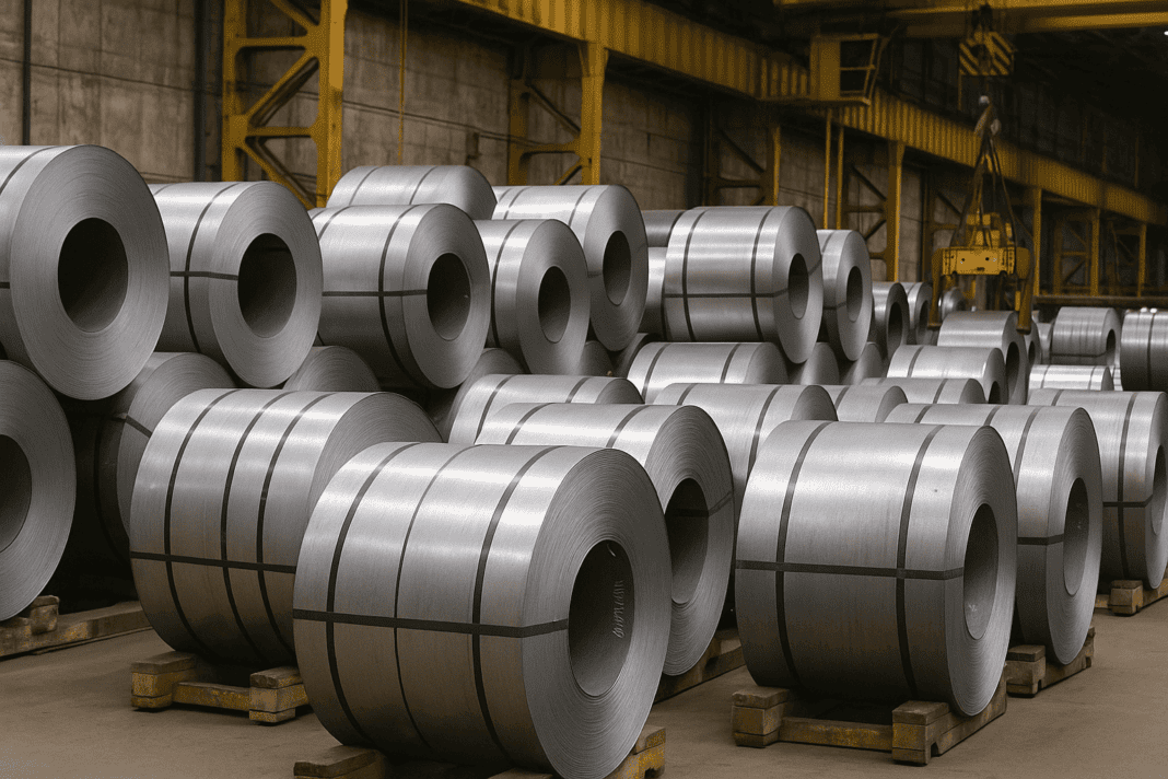 Steel coils being unloaded at an Indian port, representing the surge in steel imports
