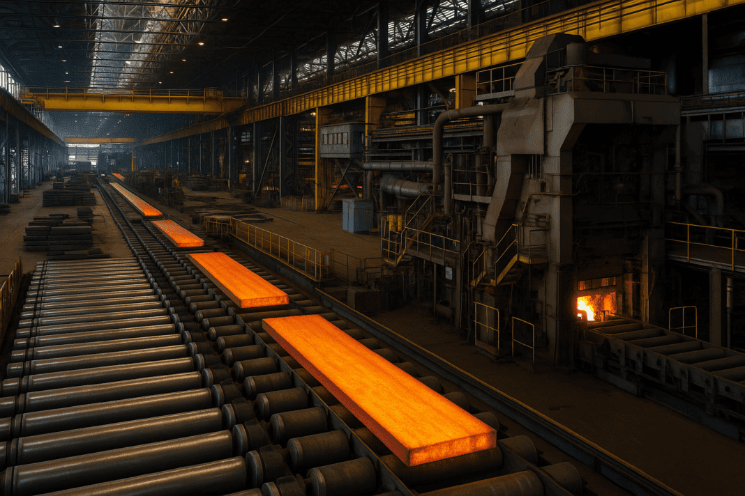 A modern steel manufacturing plant with blast furnaces, automated machinery, and emission control systems under a clear sky