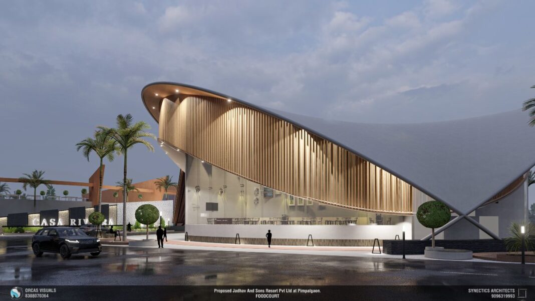 Casa Riviera, Pimpalgaon architecture, Synectics Architects, sustainable design, curvilinear architecture, modular steel construction, energy-efficient campus, louvre cladding, passive design strategies, innovative Indian architecture, community hub, steel building design, prefabricated structure, Apollo Steel, Dhananjay Pawar, modern architecture Maharashtra, multifunctional campus, smart building technology, food court design, architectural landmark