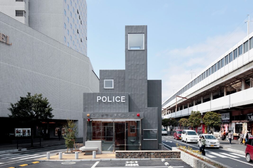Fukuyama Higashi Police Station, Japan, Ekimae KOBAN, community accessibility, Tomo no ura, titanium zinc steel panels, steel industry, revitalization, safety, security, steel frame, corrosion-resistant,