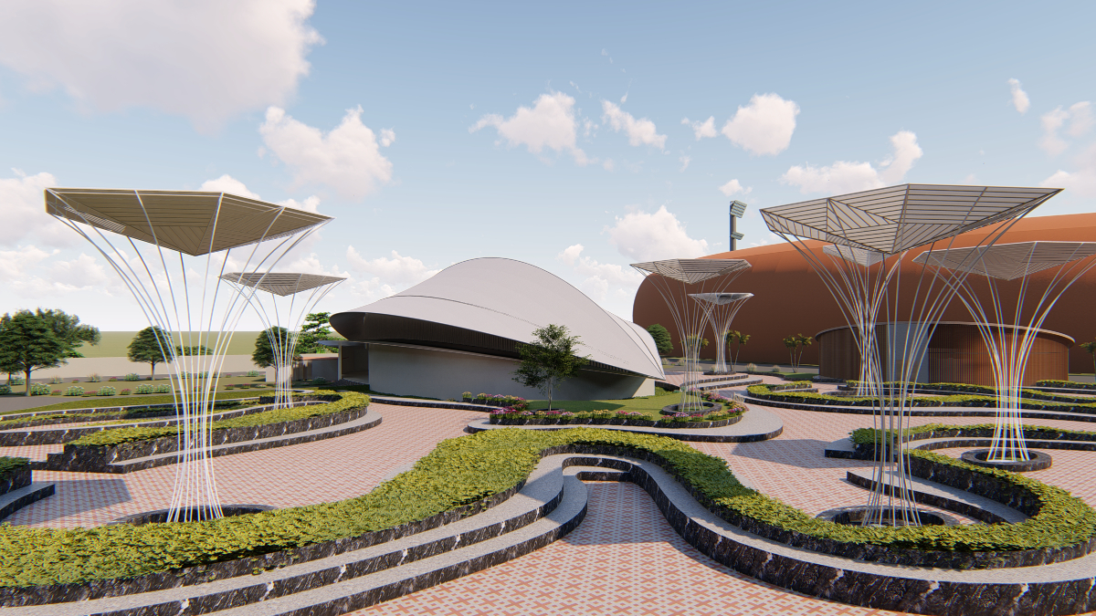 Nashik International Cricket Stadium, Stadium Architecture, Cricket Ball Inspiration, Photovoltaic Cells, Solar Panels, Steel Trusses, Innovative Design, Pre-Cast Elements, Rainwater Collection System, Terrain Challenges, Site Zoning, Safety Measures, Earthquake-Resistant Design, Synectics Architects, Deepak Kulkarni Consultants, Multi-Zone Layout, Sustainable Design, Future Expansion
