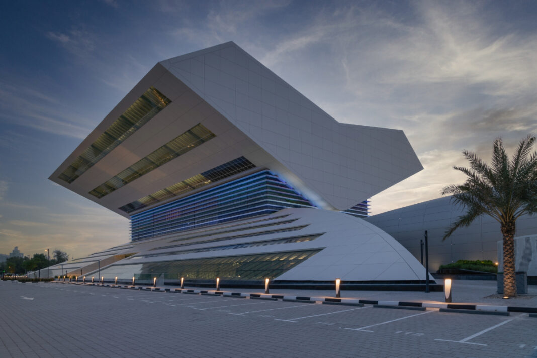 Dubai, Mohammed bin Rashid Library, largest library, cultural centre, unique design, Rehal-inspired, prefabricated steel structures, high-performance glass, smart technology, tintable glazing, BIM, drones, construction monitoring, vertical core walls, structural integrity, engineering feat, cultural landmark