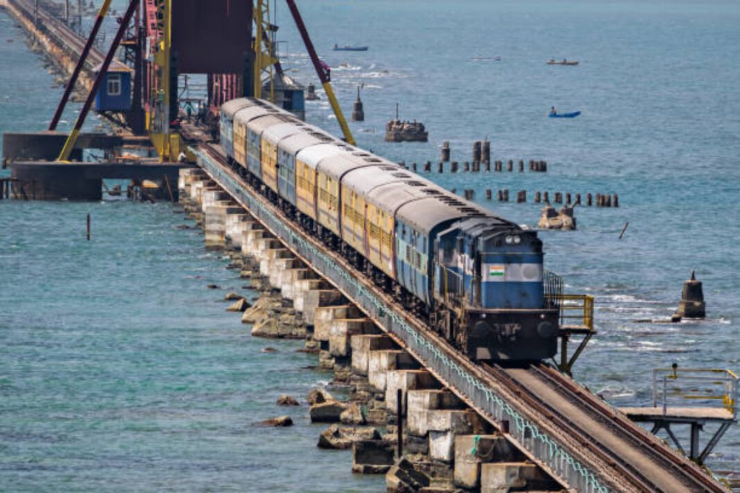 Pamban rail bridge, track laying, trial run, Mandapam, Pamban, Rail Vikas Nigam Limited (RVNL), Southern Railway, electro-mechanical operations, bridge commissioning, connectivity, transportation efficiency