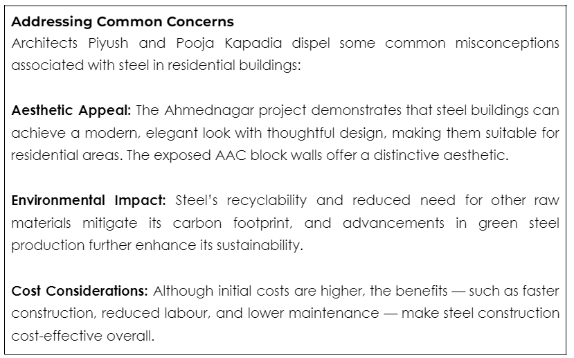 Sustainability, Steel Construction, Eco-Friendly Home, Pre-Engineered Steel, Ahmednagar, Green Building, Architects Pooja and Piyush Kapadia, Rapid Construction, Tata Steel, Jindal Steel, Environmental Impact, Autoclaved Aerated Concrete (AAC), Direct Forming Technology, Energy Efficiency, Cost-Effective Construction, Modern Design, Steel Hollow Sections, Building Sustainability, Construction Innovation, Structural Efficiency
