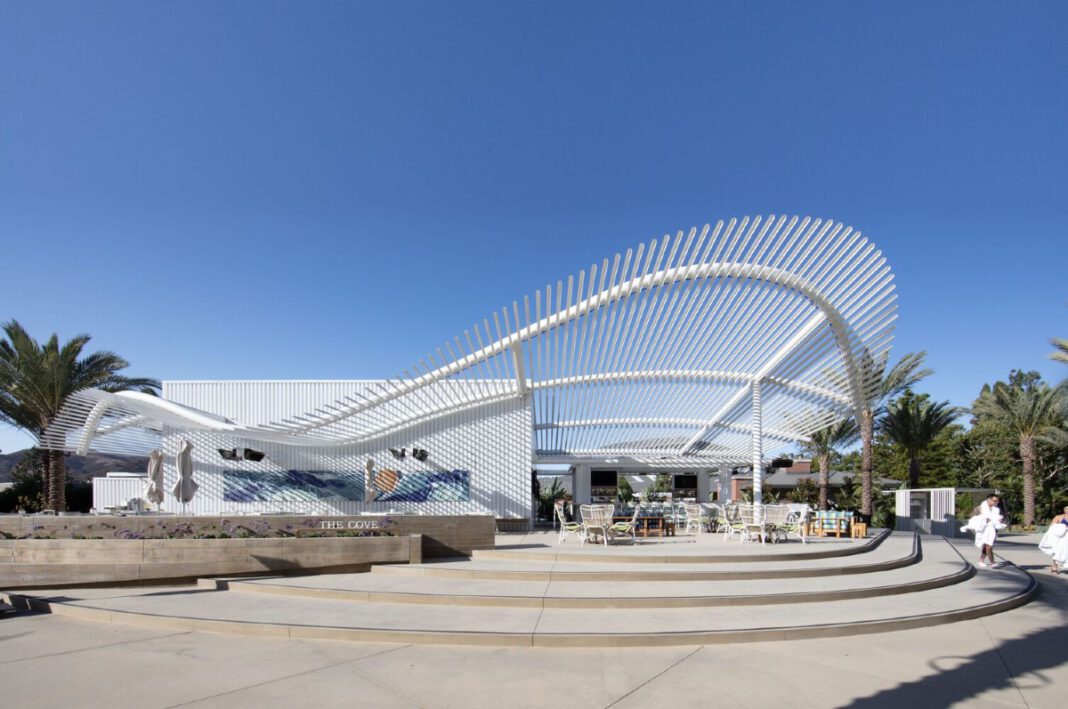 The Cove, Four Seasons Hotel, Westlake Village, California, innovative design, outdoor space, Southern California, Brooks + Scarpa, steel-clad bar, sustainable materials, eco-friendly hospitality, natural beauty, architectural features, aluminium steel canopy