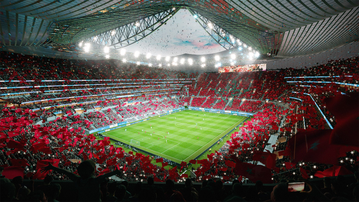 Grand Stade Hassan II, Benslimane, Morocco, colossal sporting venue, global football, Oualalou + Choi, Populous, largest stadium, modern architecture, traditional Moroccan culture, tent-like roof, Moussem, aluminium lattice structure, sports infrastructure
