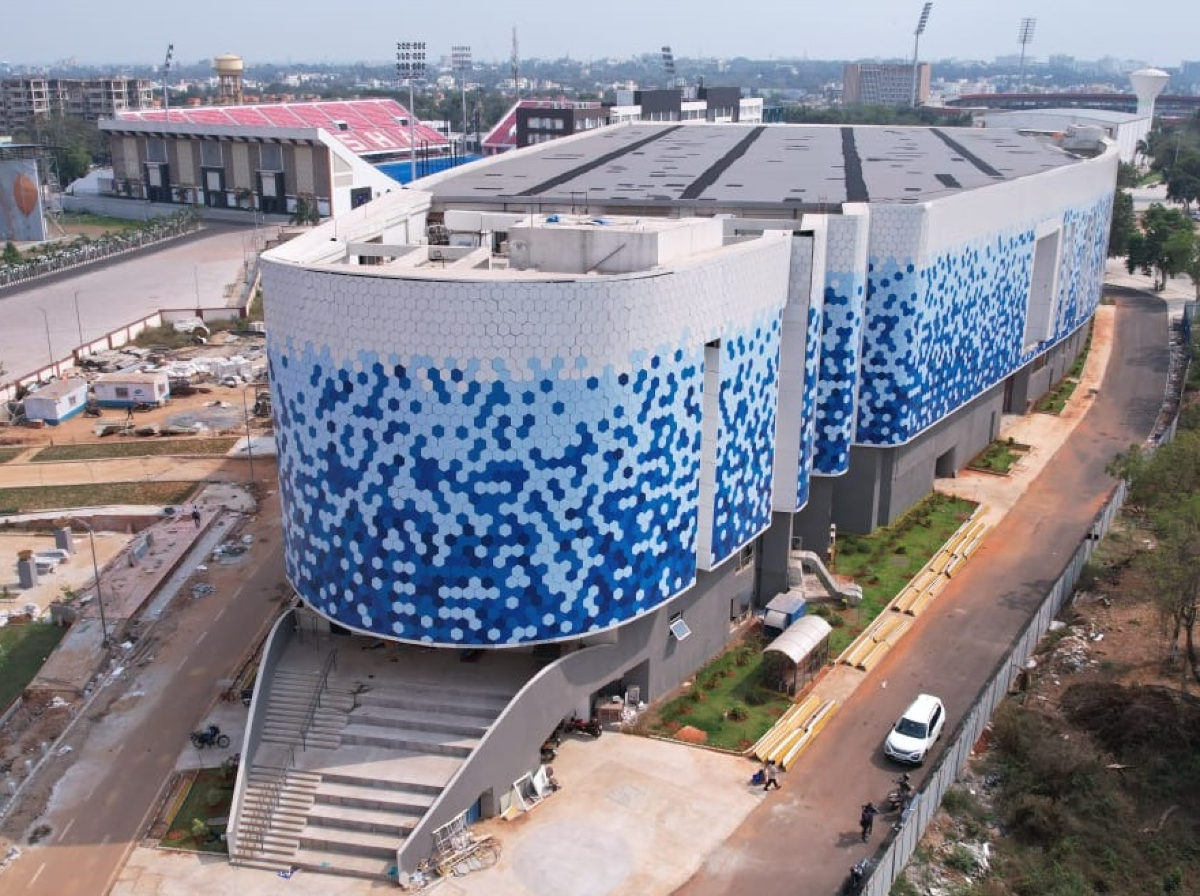 Kalinga Stadium, Bhubaneswar, Odisha, sports facility, Athletic HPC, Aquatics Complex, innovative design, SACPL, Collage Design, world-class sports infrastructure, structural engineering, hybrid structure, structural steel, prefabrication, sustainable design, sustainable sports facilities
