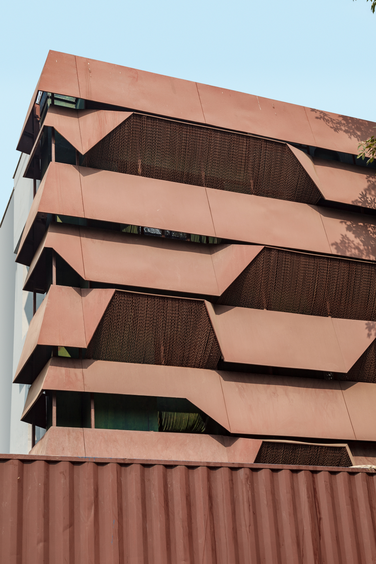 Rug Republic Headquarters, Okhla New Delhi, minimalist design, industrial transformation, sustainable architecture, corten steel facade, eco-friendly design, steel construction